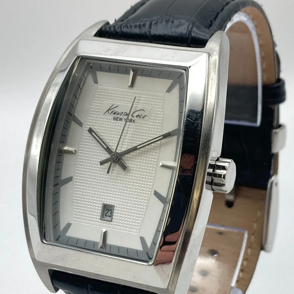 Kenneth Cole Men's Watch Tank Silver Tone Date Textured Dial New Battery 9